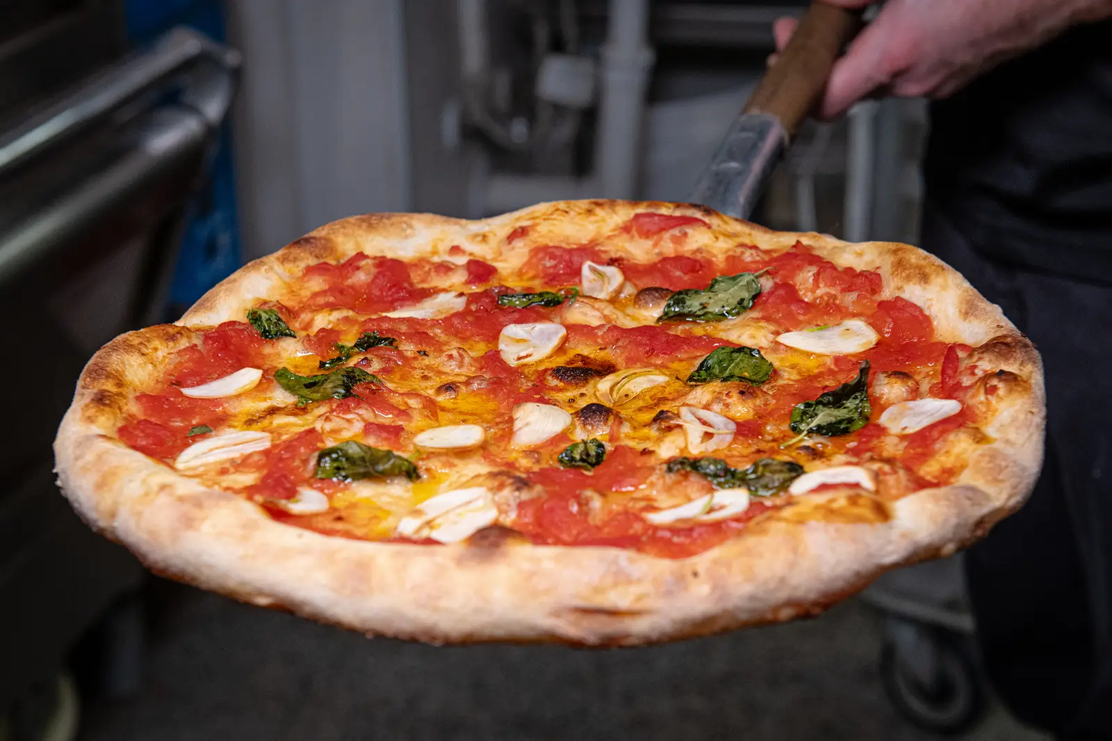 Chef holding a freshly baked margherita sourdough pizza